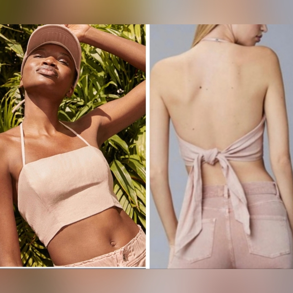 DL1961 Blush Linen Cropped Halter Top Blouse w Adjustable Back tie